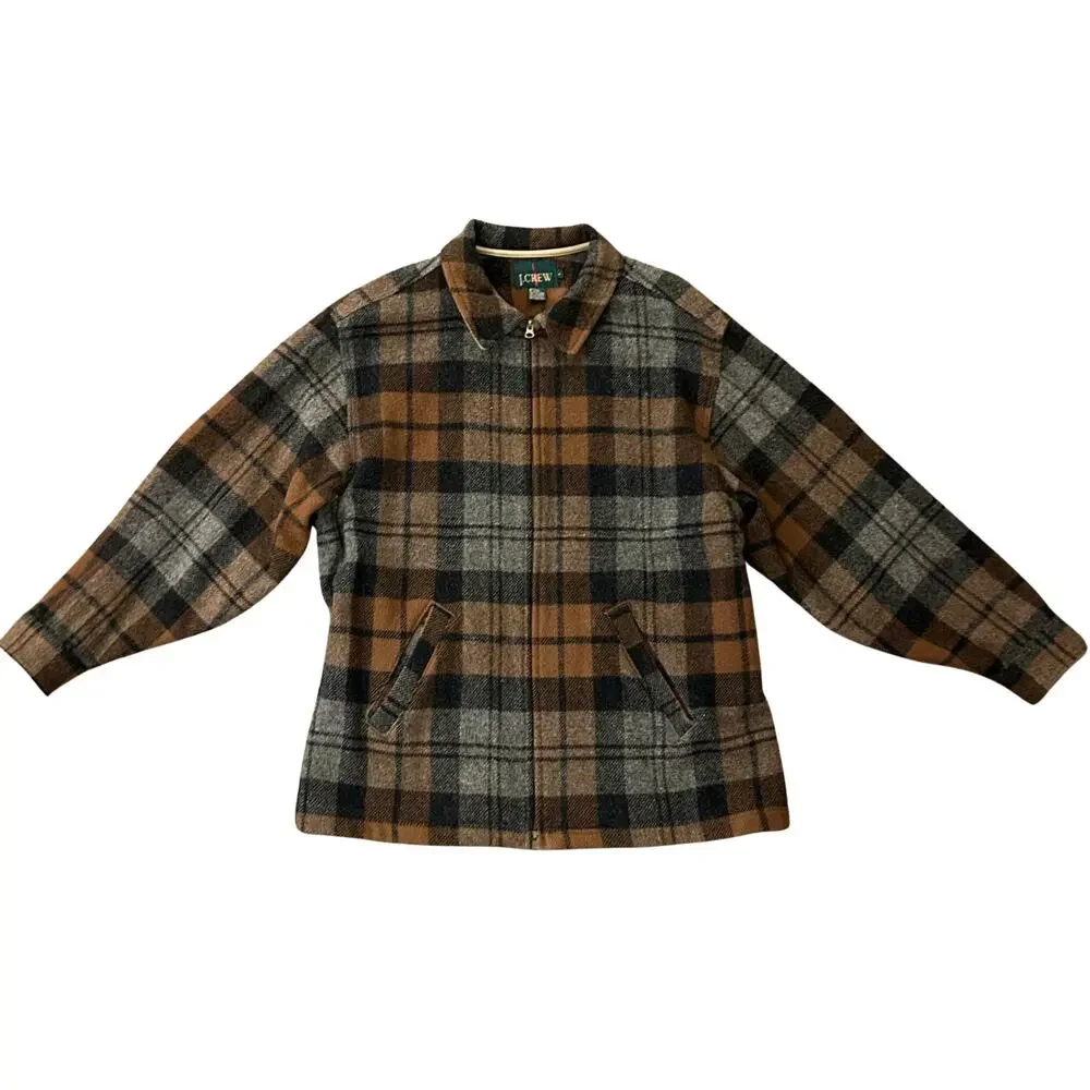 Vintage J.Crew Wool Plaid Zip Jacket Brown Gray Made in USA Mens L Unisex